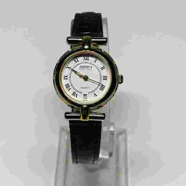 American Perry Ellis Watch Women 23mm Gold tone Brown Leather Date New Battery