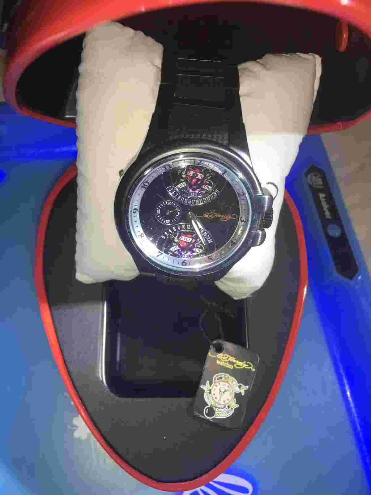 NEW MENS ED HARDY “Love Kills Slowly” Watch, Unique Band Metal Woven Rubber Mix!