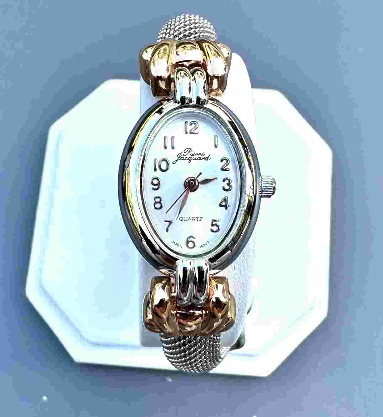 PIERRE JACQUARD Two Tone Oval Bracelet Watch With Mesh Band