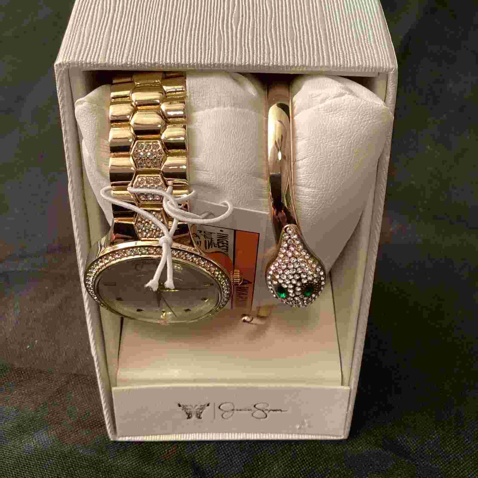 Jessica Simpson Watch And Snake Bracelet Combo Womens Yellow Gold New