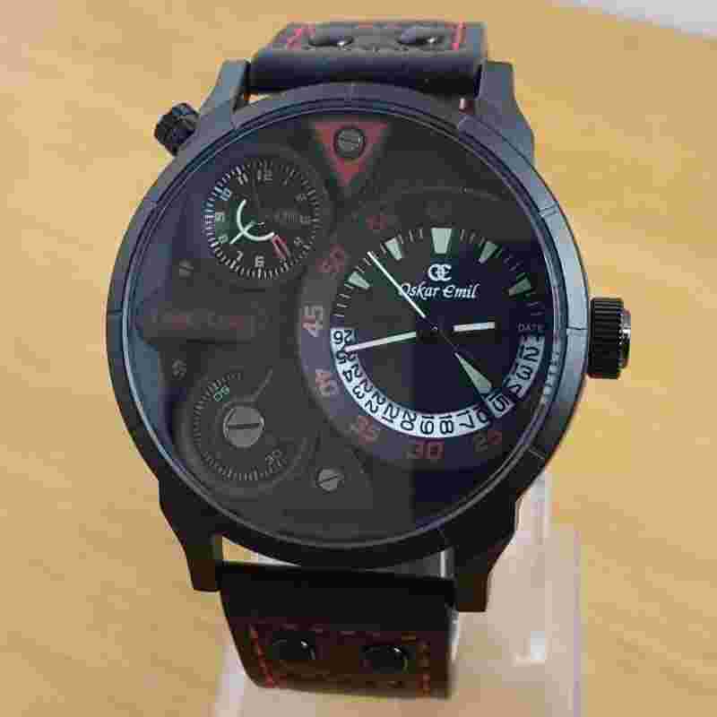 Mens Black Oskar Emil Rio Black Leather Multi Dial Military Dual Analog Watch