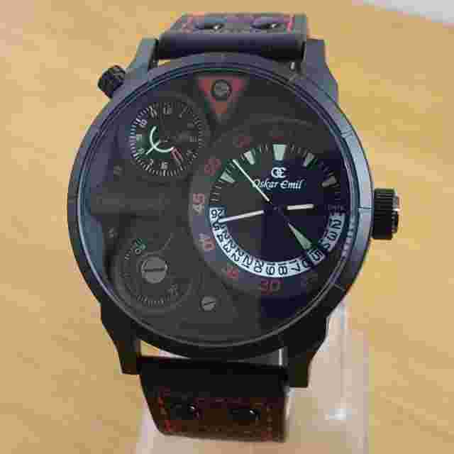 Mens Black Oskar Emil Rio Black Leather Multi Dial Military Dual Analog Watch