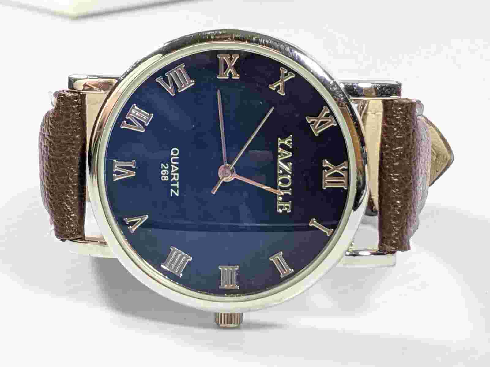Yazole Silver Tone Blue Pearlized Brown Faux Leather Band Watch