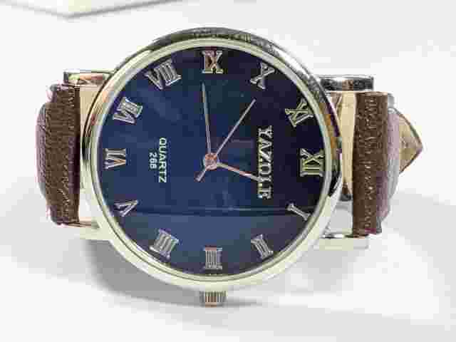 Yazole Silver Tone Blue Pearlized Brown Faux Leather Band Watch