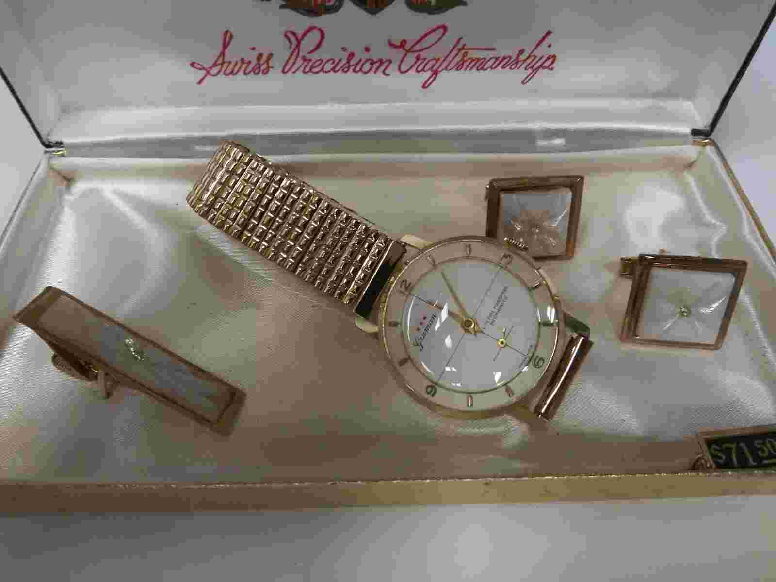 Vintage Swiss precision accuracy Gruman watch set with cuff links & tie clip NEW