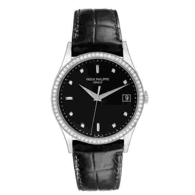 Patek Philippe Calatrava White Gold Black Dial Diamond Watch 5297 Box Papers