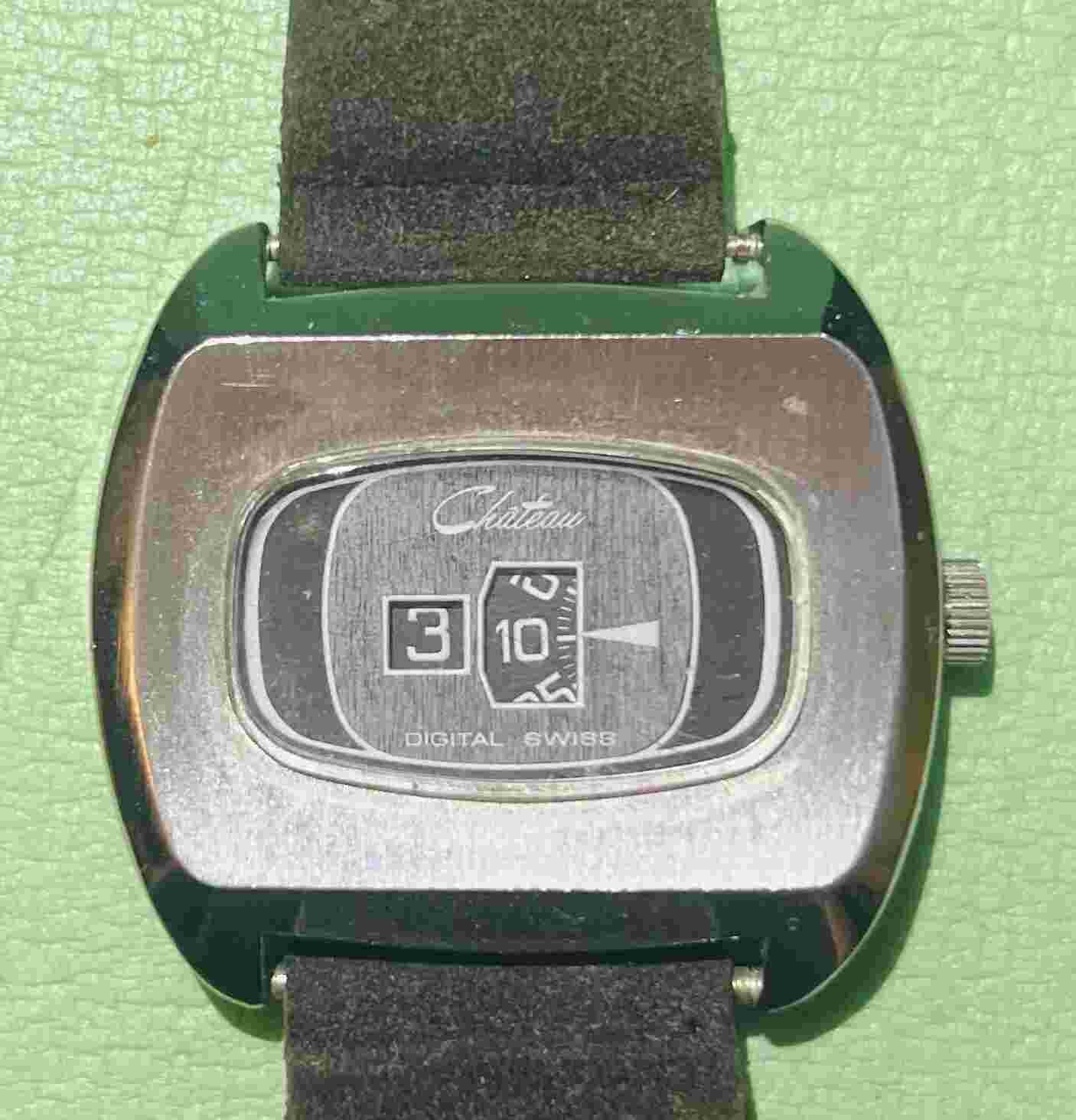 C1976 CHATEAU DIGITAL SWISS WATCH JUMP HOUR VINTAGE DIRECT READ 43MM GRAY JUMBO
