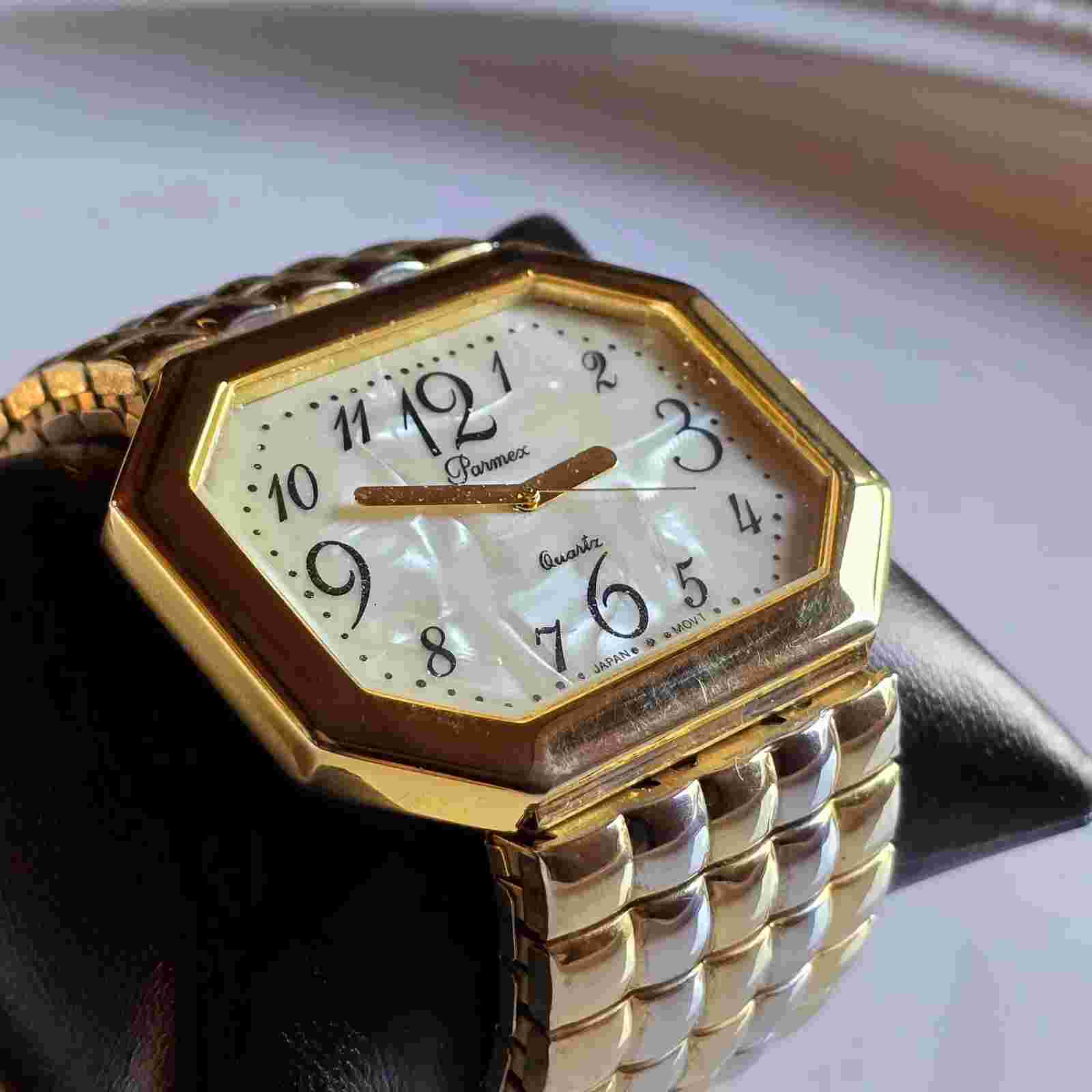 Vintage Chunky Parmex Gold Tone Watch Stretch Band with New Battery