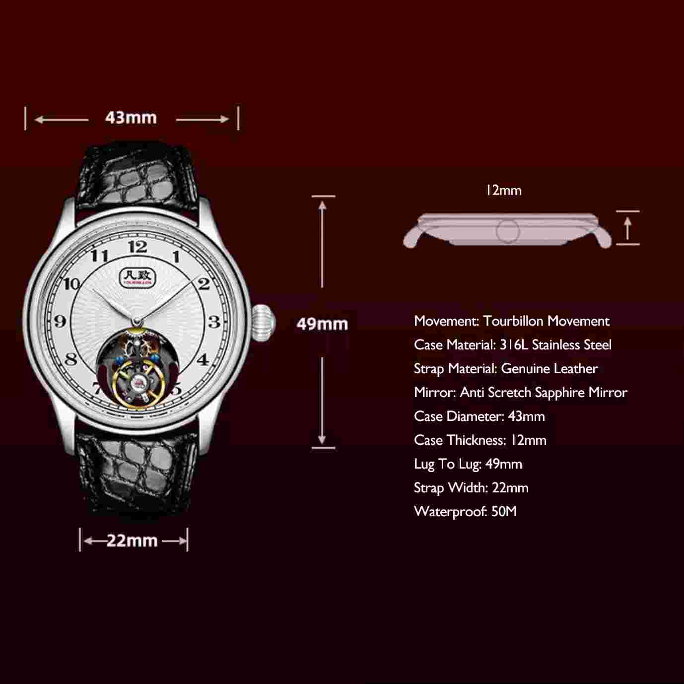 MERKUR Men Tourbillon Watch 43mm Luxury Mechanical Wristwatch Gradient Blue Dial