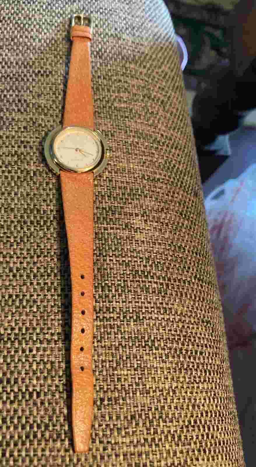 Monet Ladies Watch Quartz Brown Leather Band Round Gold Case 2nd Hand Runs! 7.5”