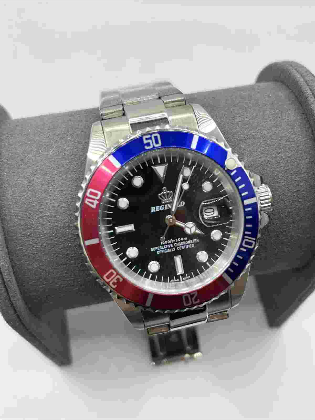 Reginald Mens Wrist Watch Silver Black Navy Red Analog Quartz New Battery. New