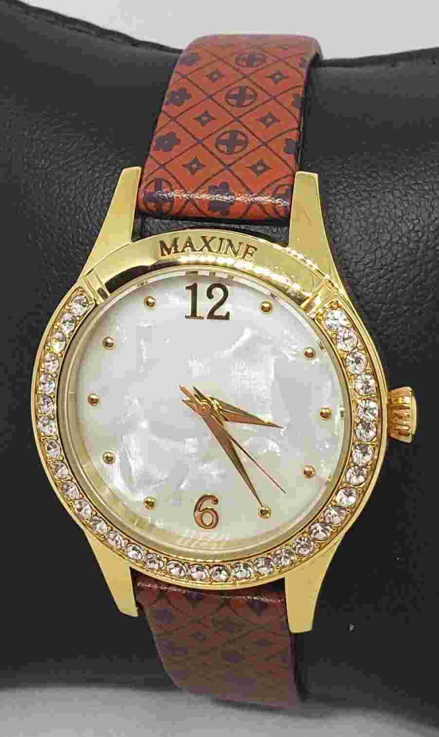 Ladies The Danbury Mint Maxine Gold Tone Gemmed Brown Leather Strap Watch B3