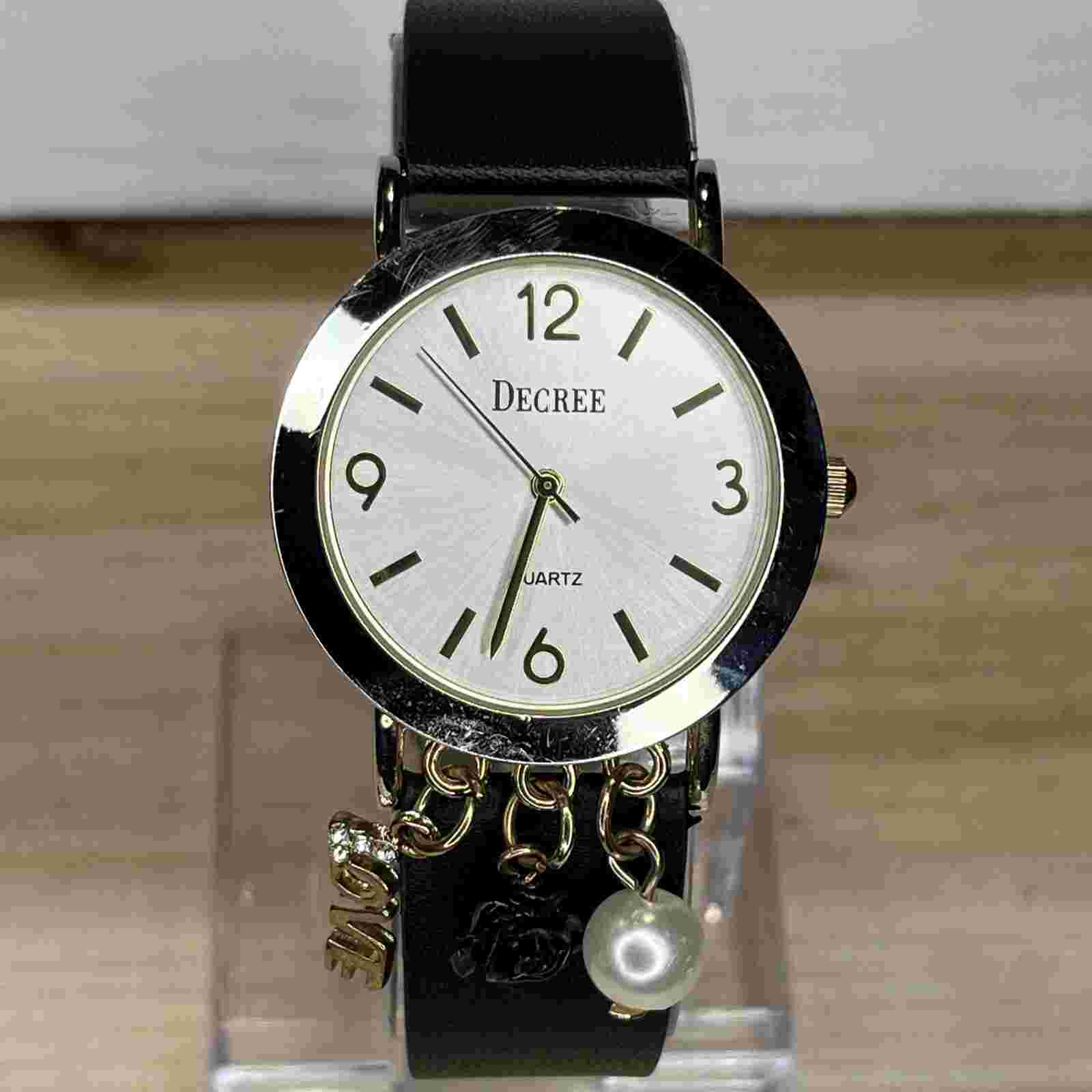Decree Love Charm Women's Watch Gold Tone Black Leather NEW BATTERY RUNS!