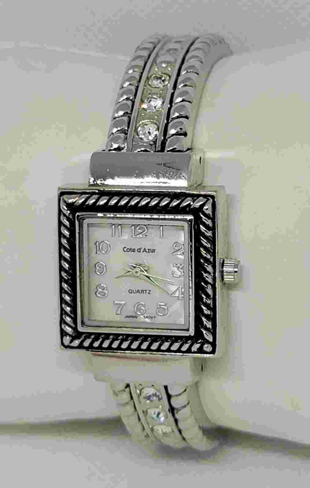 Ladies Cote d'Azur Stunning Square Silver Tone Cuff Bracelet Analog Watch E2
