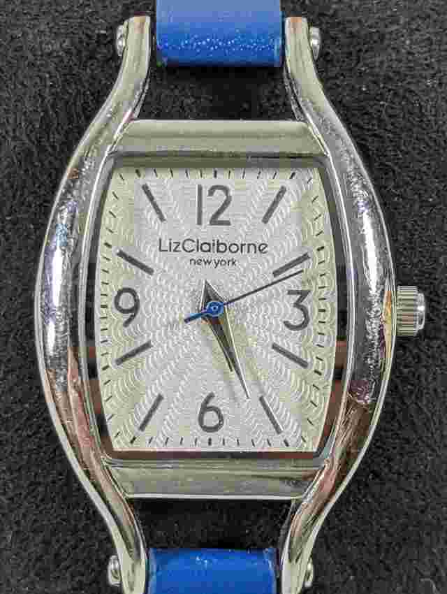 Liz Claiborne Silver Tone Dial Rectangle Case Blue Faux Leather Band Watch