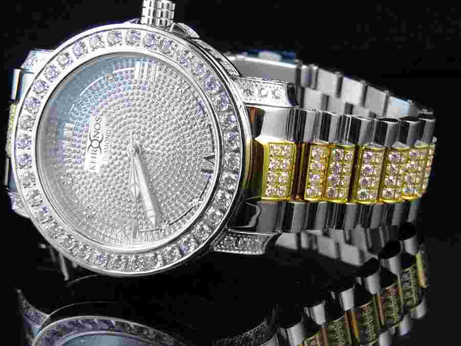 Men Two-Tone White Gold Finish Stainless Steel  Khronos Simulated Diamond Watch