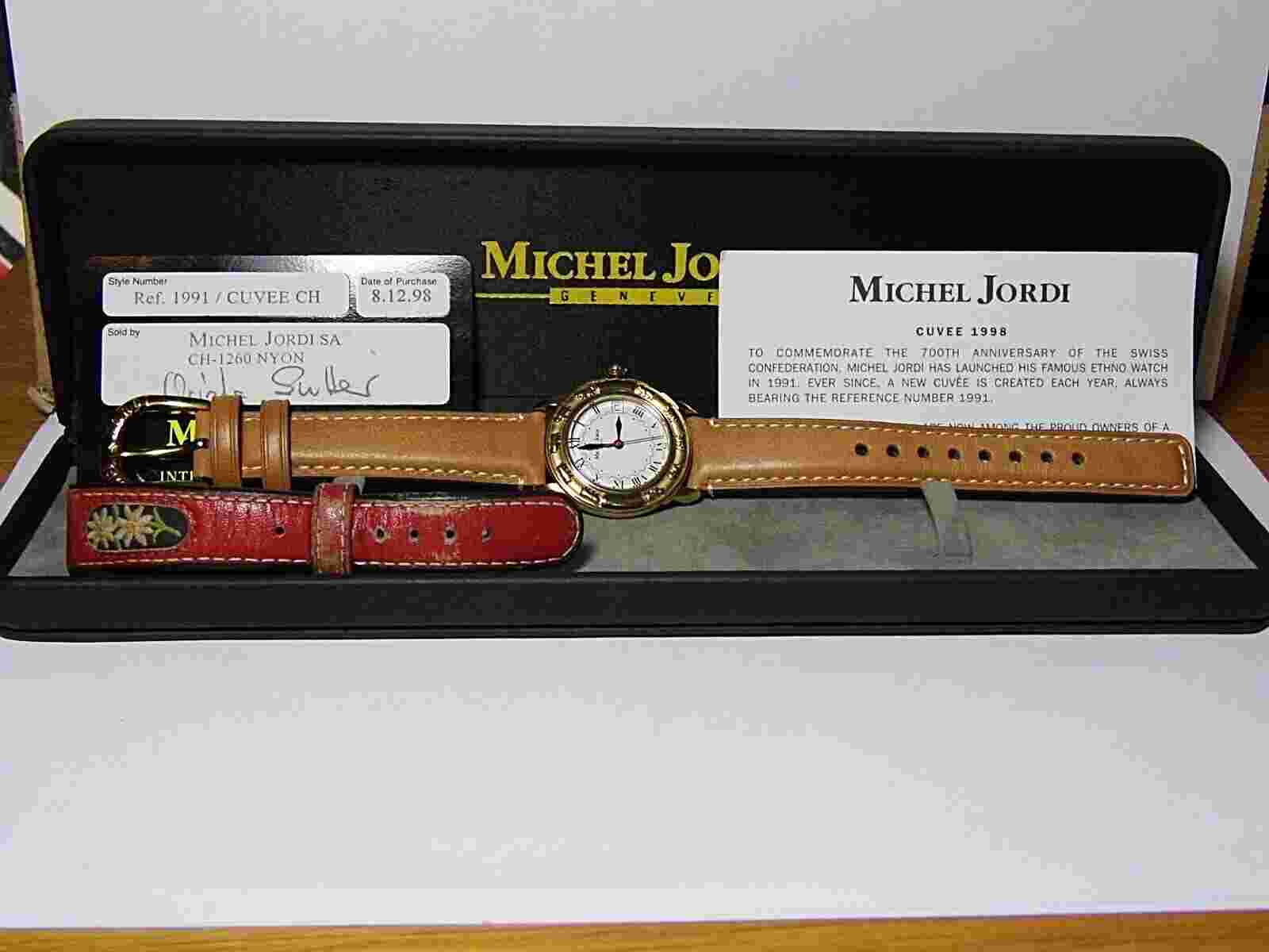 MICHEL JORDI ETHNO 1998 CUVÉE RARE S/STEEL G/PTD.SWISS 7 JEWEL WATCH+BOX+BELTBAG