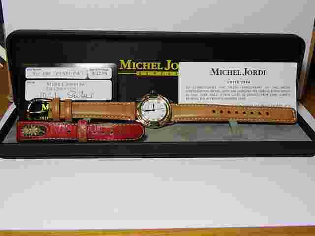 MICHEL JORDI ETHNO 1998 CUVÉE RARE S/STEEL G/PTD.SWISS 7 JEWEL WATCH+BOX+BELTBAG