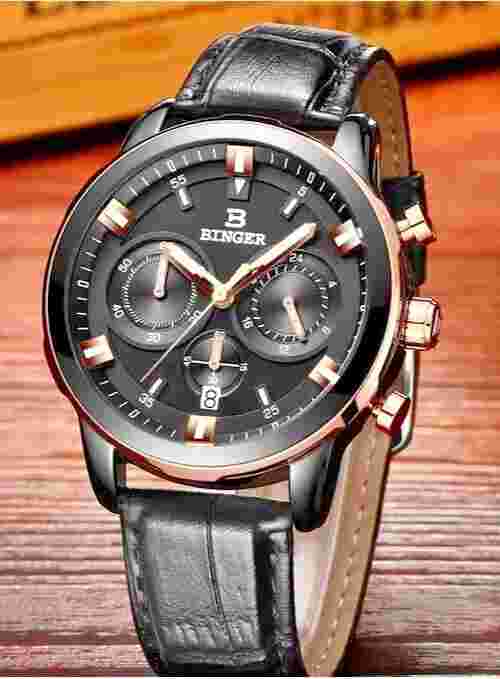 Binger B9011 Quartz Chronograph Stopwatch 42mm Date Dial Gold Case Leather Strap