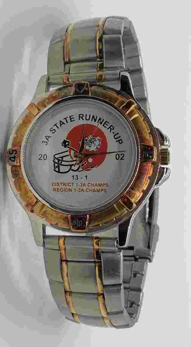 NEW Mens Watch W/new Battery Football Logo  3A State Runner-up 7-1/2” Metal Band