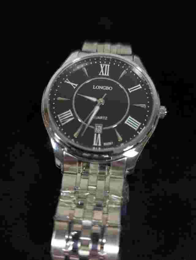 Mens Longbo Black Dial Date Indicator Stainless St Band Watch NEW In Plastic