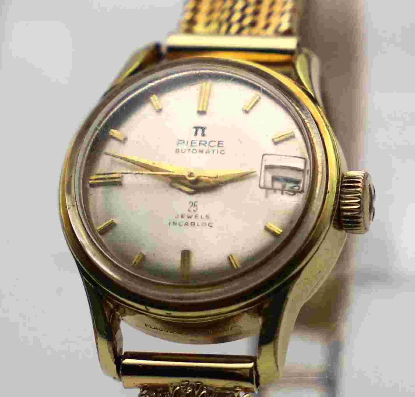 Vintage Pierce Watch with 18kt gold band 25 Jewels movement Incabloc 7 inch