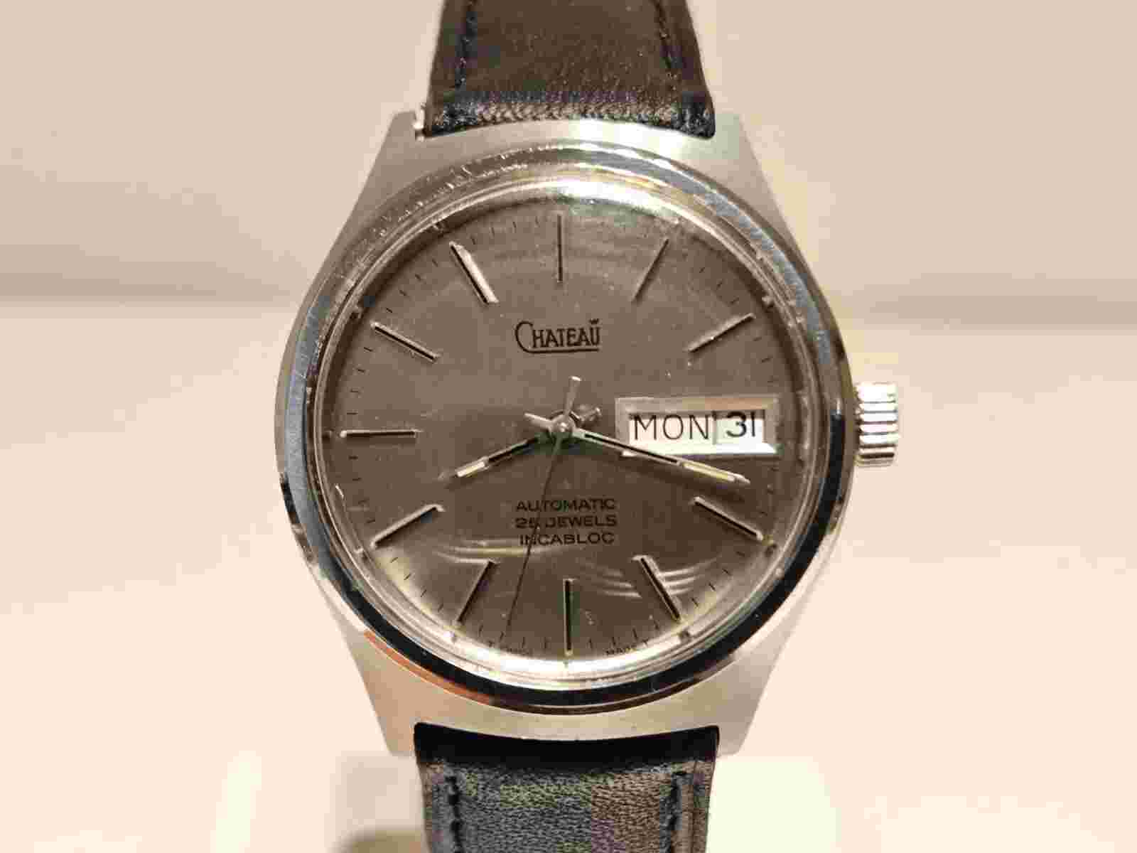 VINTAGE RARE SWISS MEN'S ALL ST.STEEL AUTOMATIC DAY-DATE WATCH "CHATEAU"/ETA 25J