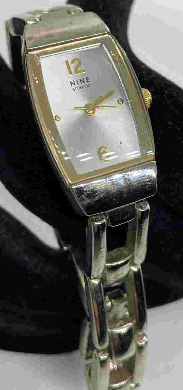 Nine & Co. Ladies Watch New Battery Silver Gold Tone Rectangle Shape