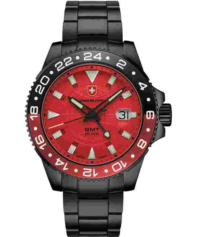 CX Swiss Military GMT NERO Swiss 42mm watch PVD Case 2nd Timezone Red dial 2778