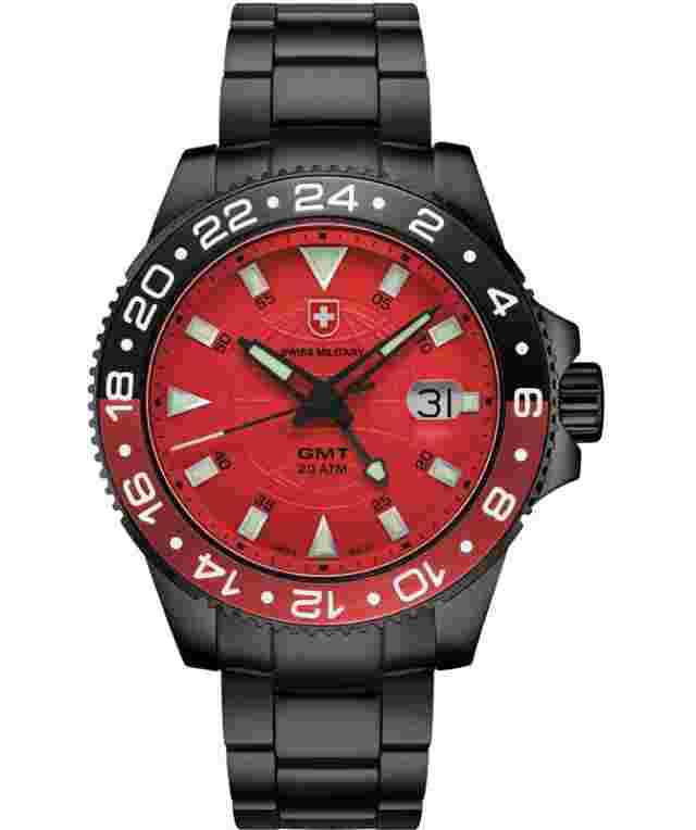 CX Swiss Military GMT NERO Swiss 42mm watch PVD Case 2nd Timezone Red dial 2778