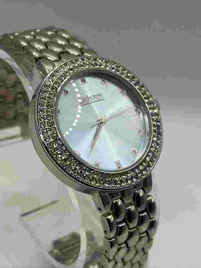 Catherine Malandrino Women's Quartz Watch Silver Rhinestone Bezel- New Battery