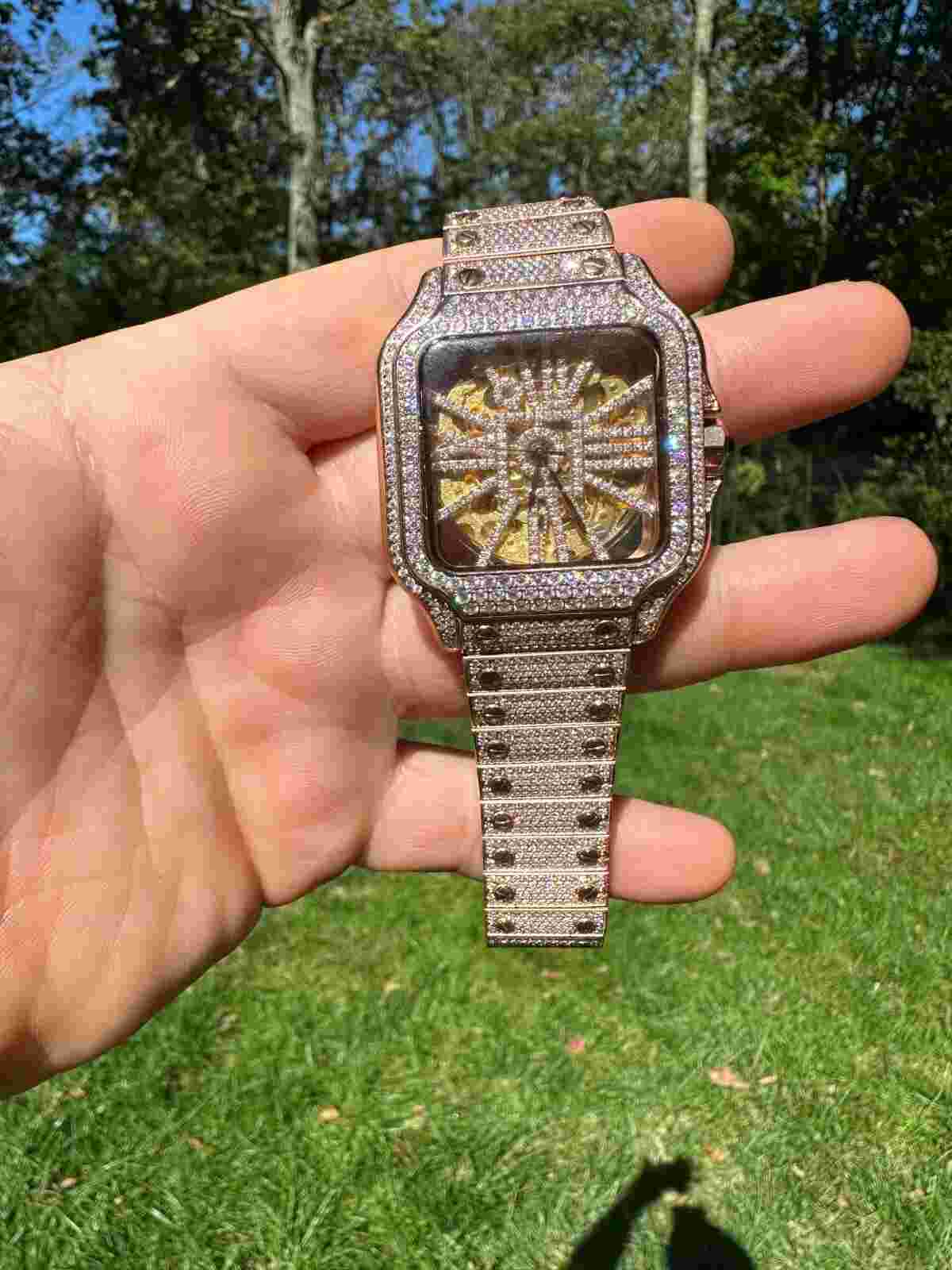 Real Mens MOISSANITE 14k Rose Gold Watch Iced Automatic Movement HipHop Skeleton