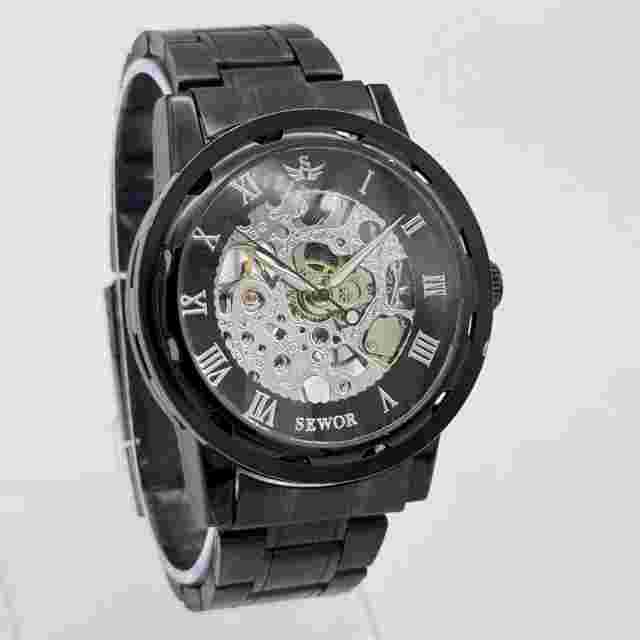 Men's SEWOR Mechanical Silver Skeleton Dial Watch, Black Bracelet, 41mm, Runs