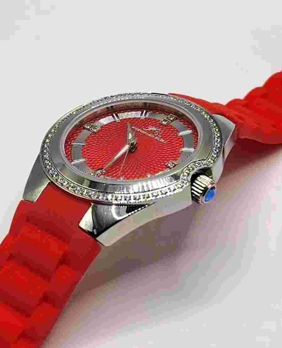 Luxury & Sporty 37mm Watch With Diamond Bezel, Red Case, And Red Silicone Band