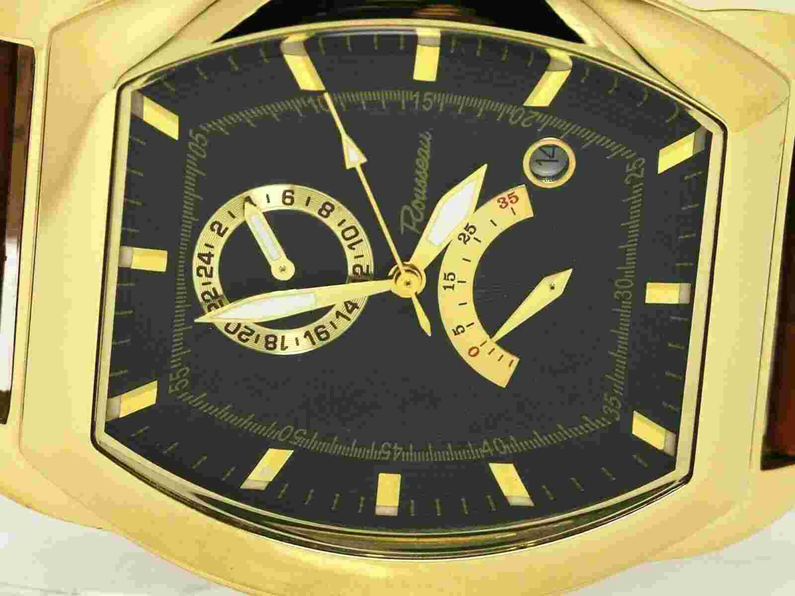 NEW ROUSSEAU POWER RESERVE BLACK DIAL WATCH GOLD TONE TONNEAU CASE LEATHER