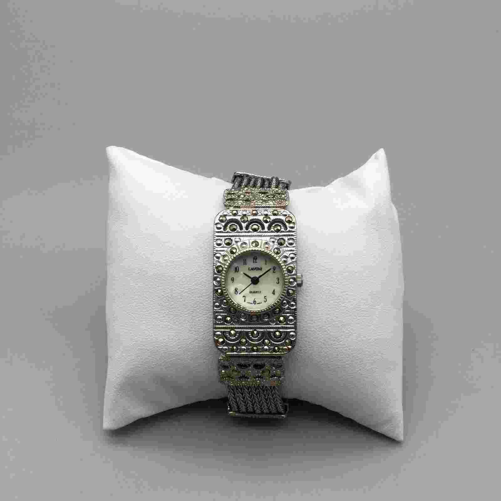 Vtg Lavoni Art Deco Watch Women 21mm Silver Tone MOP Dial New Battery 7.5"