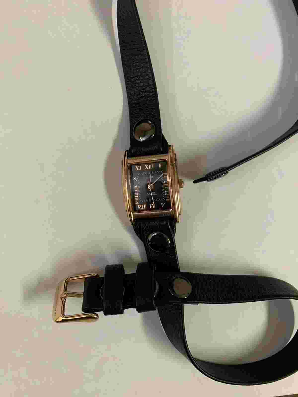 LA MER COLLECTIONS Black  Triple Wrap Leather Watch wRose Gold Square Black Dial