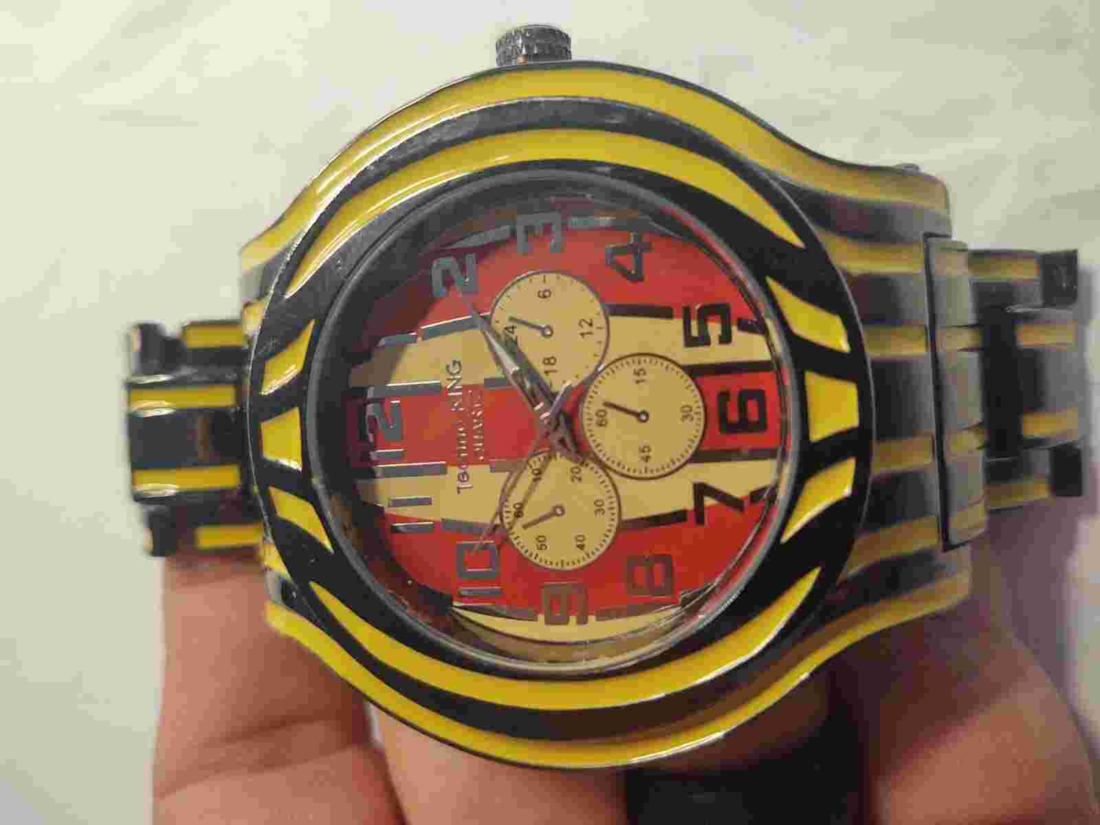 Techno King Watch WA5947G Enamel Everything Yellow Black Red New Battery 21"