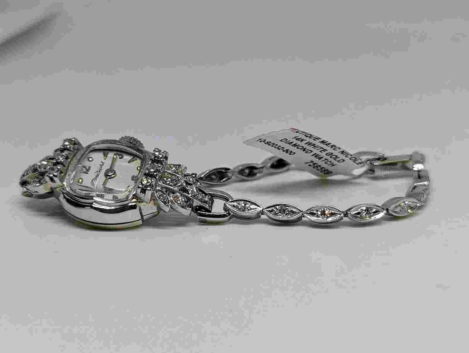 Nicolet  Diamond Case Ladies Wrist Watch 14K White Gold & diamond Band Vintage