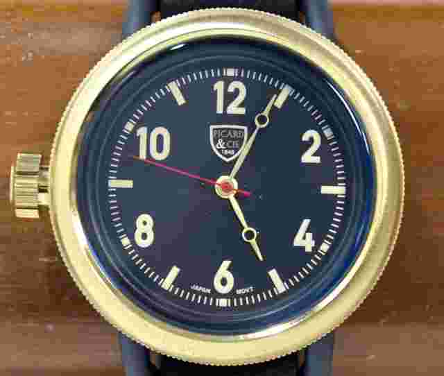 NEW Picard & Cie 9848-BKBKG Mens Sentry Black Dial Nato Gold/Grey Leather Watch