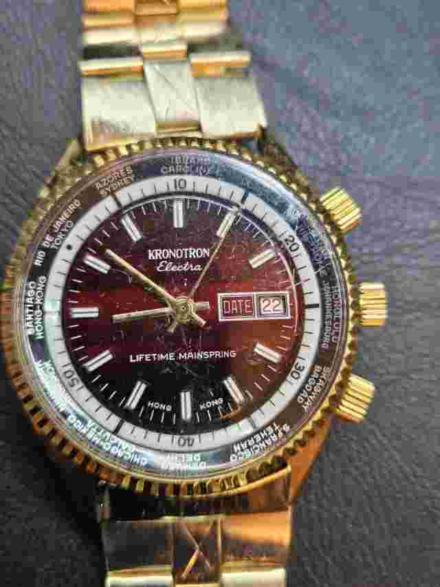 Vintage Gold Tone Kronotron Electra Lifetime Mainspring World Time Watch, Works!