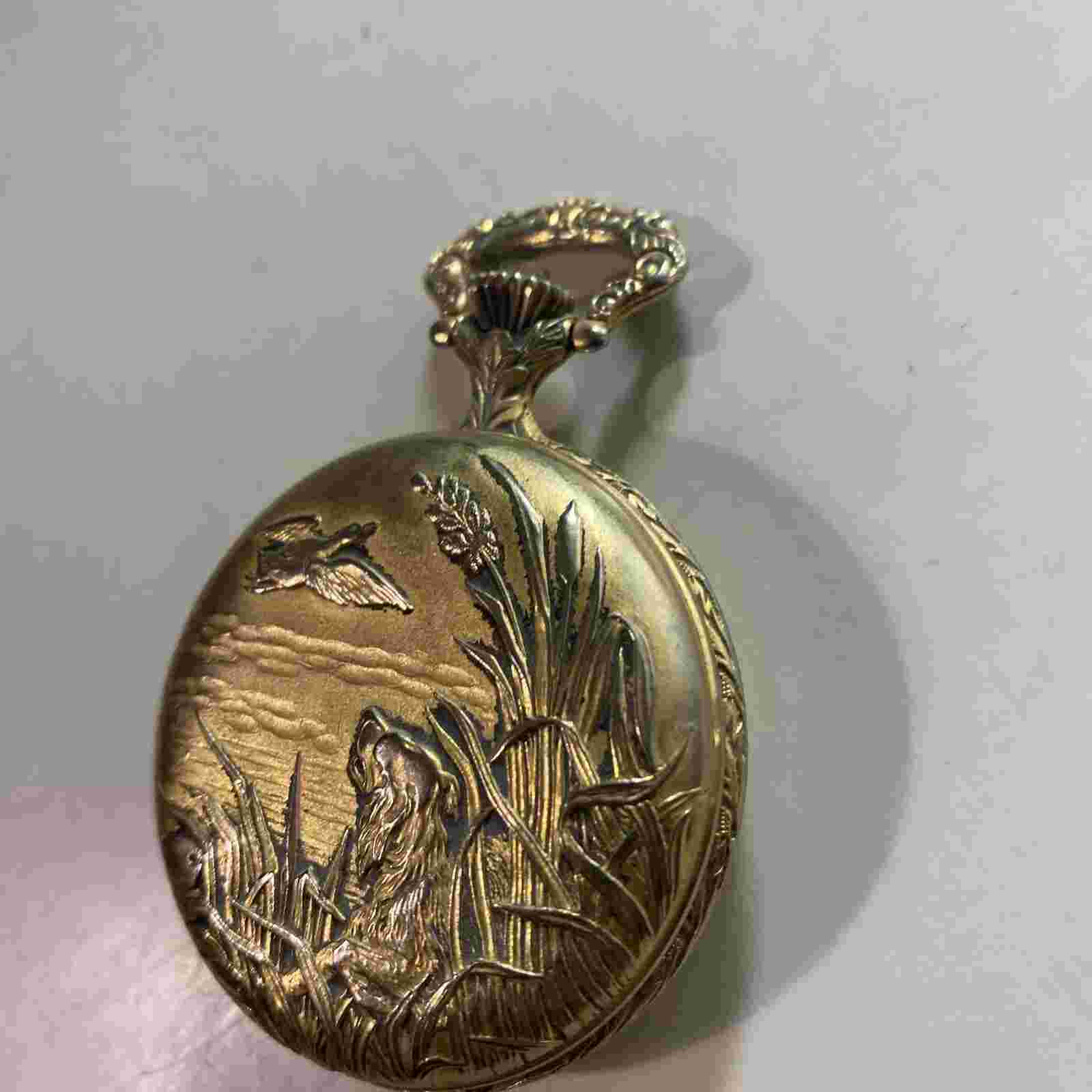 Vintage Belle - Suisse Pocket Watch Duck/Dog/Floral Case Swiss Made Not Working