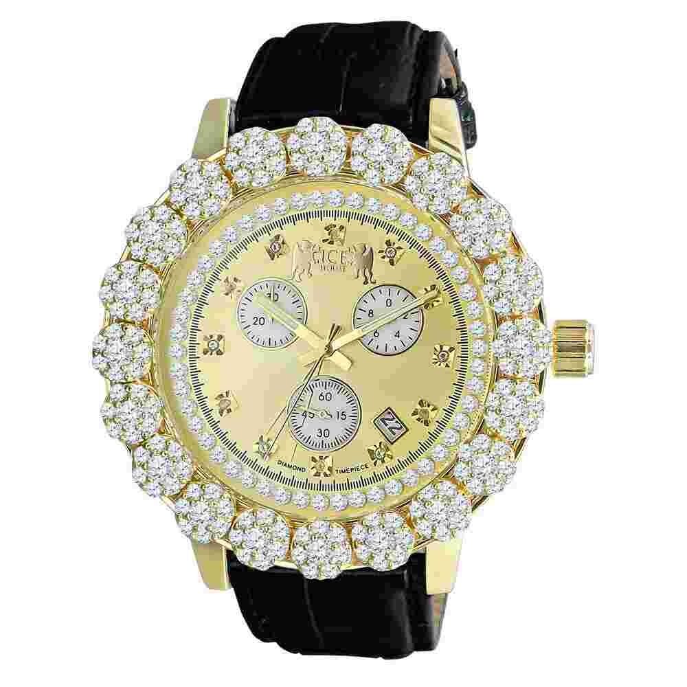 Real Diamonds Dial Genuine Black Leather Strap Watch  Gold Finish Khronos W/Date