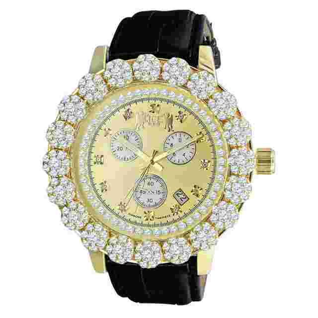 Real Diamonds Dial Genuine Black Leather Strap Watch  Gold Finish Khronos W/Date