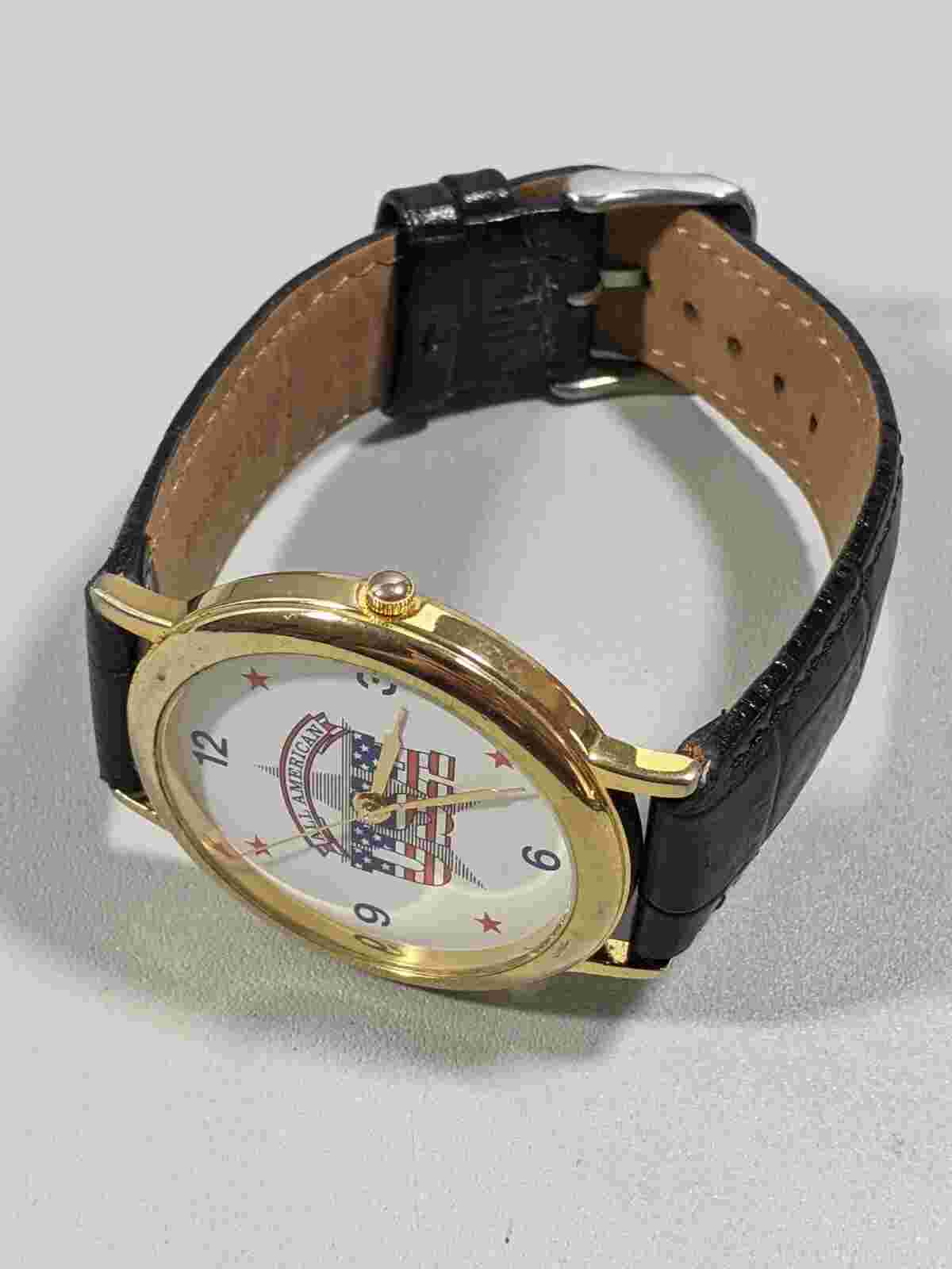 Rousseau Gold Tone All American USA Swiss Parts Black Leather Band Watch 9 Inch