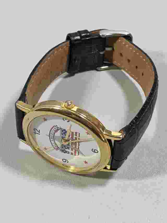 Rousseau Gold Tone All American USA Swiss Parts Black Leather Band Watch 9 Inch