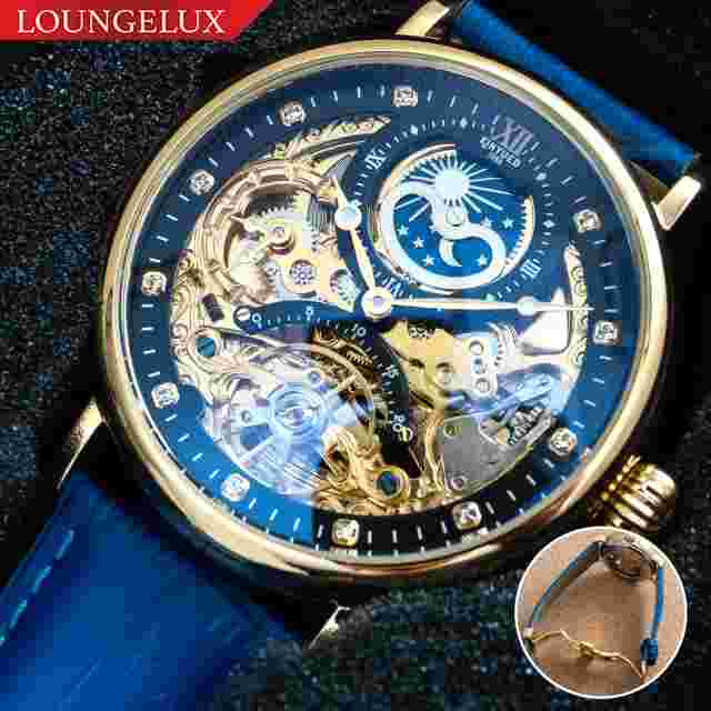 Mens Luxury Gold Dual Time Automatic Mechanical Watch Black Blue Leather Strap