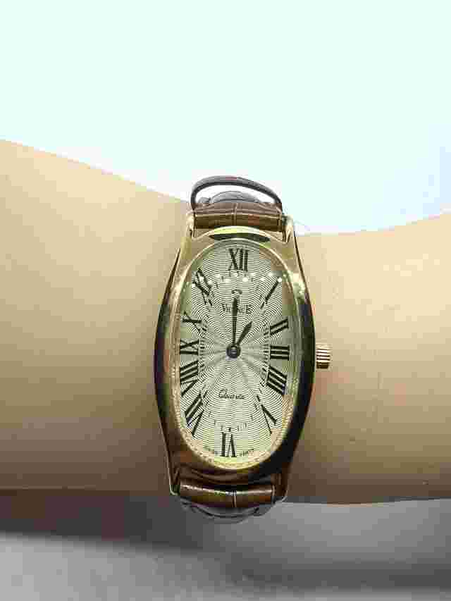 Vicence Milor Quartz Watch Swiss Ladies 14K Yellow Gold Italy Brown Leather Band