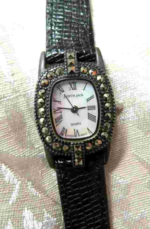 Ladies Judith Jack Sterling Watch-Leather Band-Marcasite -M.O.P 7/8"w x 1-1/8"h
