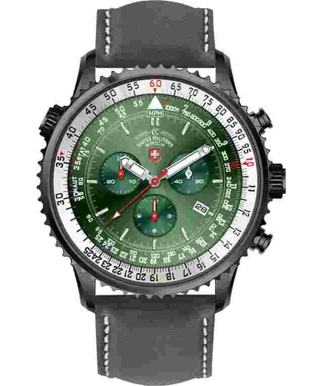 CX Swiss Military Thunderbolt Nero Chrono Watch 44mm PVD Case Green Dial